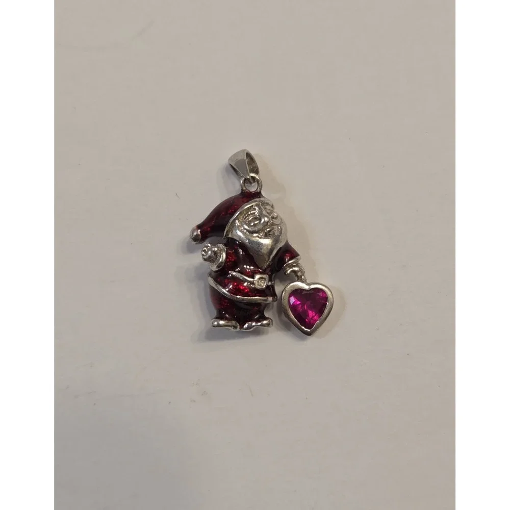 Vintage Sterling Silver Santa Claus Enamel Charm Pendant Ruby Heart OTC 925